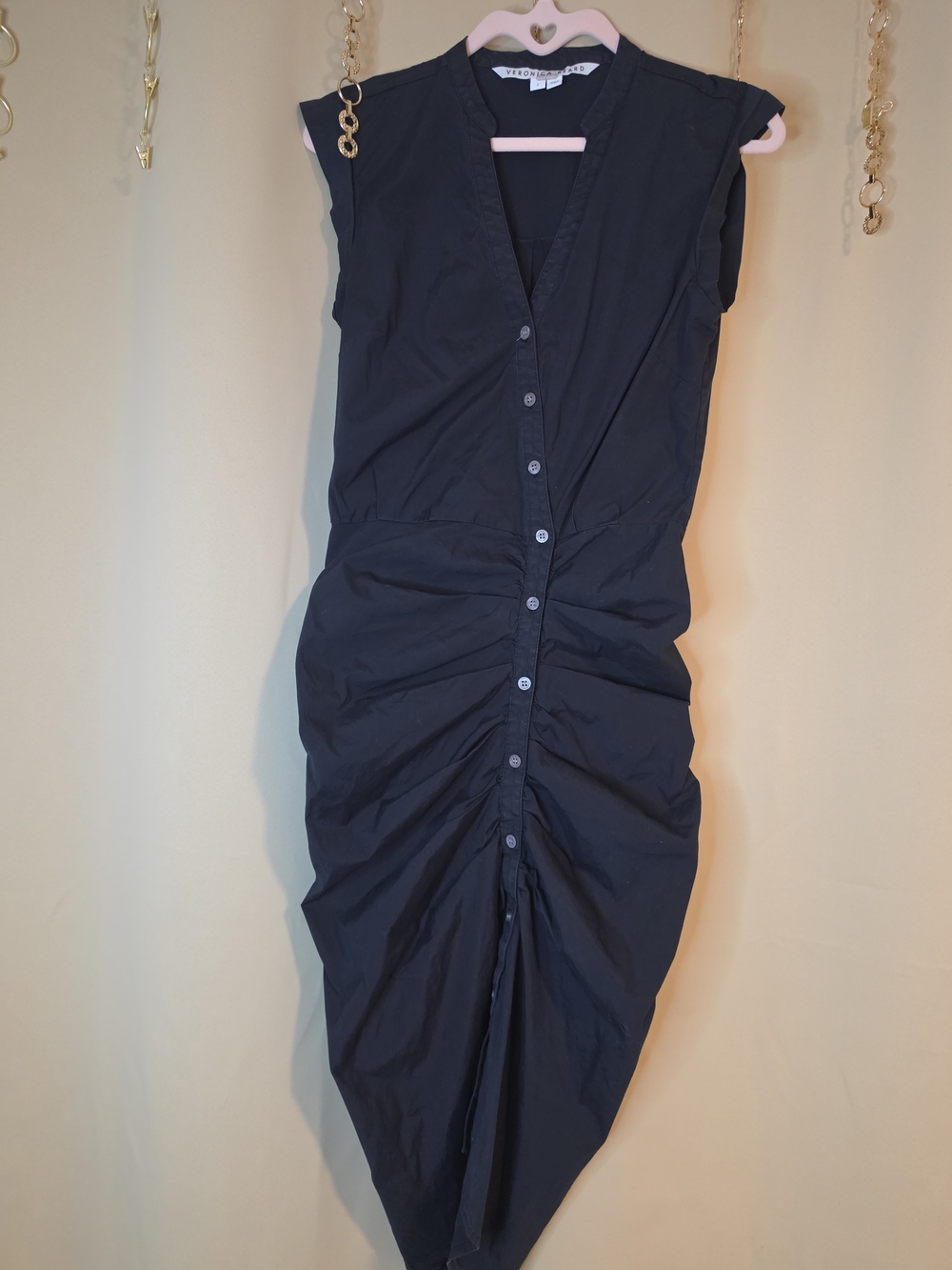 Veronica Beard Black Ruched Button-Front Midi Dress